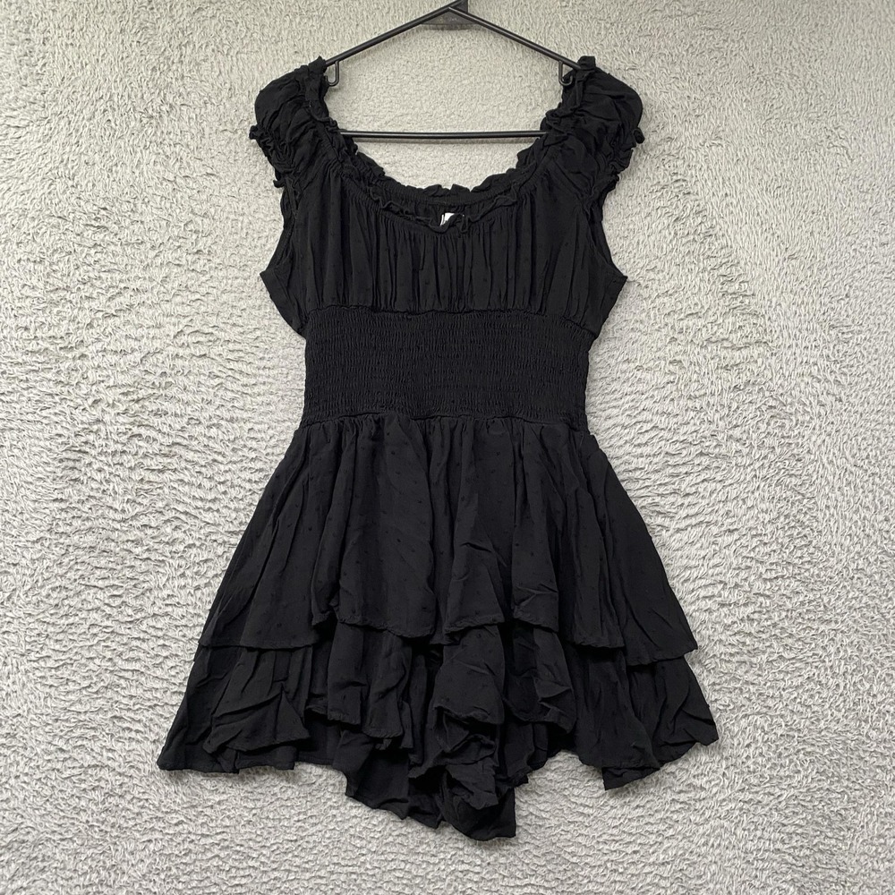 Princess Polly Romper Womens 8 Black Swiss Dot Smocked Ruffle Asym Hem Mini